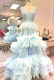 Light Blue V Neck Ruffles A-line Long HZ0307