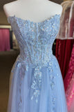 Strapless Light Blue Appliques A-line Long HZ0307