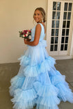Light Blue V Neck Ruffles A-line Long HZ0307