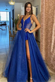 Spaghetti Straps Royal Blue V-Neck Prom Party Dress With HZ0307