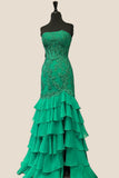Strapless Teal Lace Appliques Fitted Ruffle Prom HZ0307
