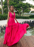 LTP1195,Elegant Hot Pink Evening Dresses,Long Chiffon Lace Prom Evening HZ0307