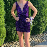 Purple Sequin V-Neck Bodycon Homecoming HZ0307