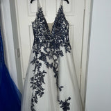 Navy Blue Floral Applique A-Line White Tulle Long Prom Evening HZ0307