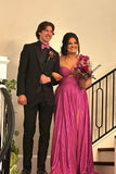 One Shoulder Fuchsia Keyhole A-line Long Prom HZ0307