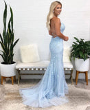 Baby Blue Lace Bodycon Lace Up Back Prom HZ0307