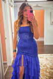 Strapless Teal Lace Appliques Fitted Ruffle Prom HZ0307