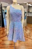LTP1409,White Iridescent Sequin One-Shoulder A-Line Short HZ0307
