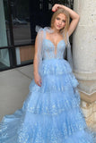 Light Blue Appliques Tiered Ruffle Prom HZ0307