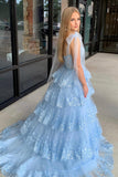 Light Blue Appliques Tiered Ruffle Prom HZ0307