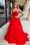 Straps Blue Appliques Tiered Ruffle Long Formal HZ0307