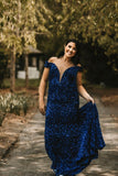 Royal Blue Sequin Off the Shoulder Mermaid Long Prom HZ0307
