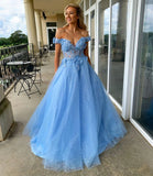 Off The Shoulder Sky Blue Appliques Floral Long Prom HZ0307