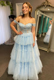 Off the Shoulder Light Blue Tulle Tiered Prom HZ0307