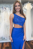 One Shoulder Royal Blue Appliques Cutout Long HZ0307