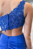 One Shoulder Royal Blue Appliques Cutout Long HZ0307