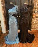 Fur One Shoulder Royal Blue Sequin Mermaid Formal HZ0307
