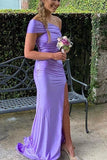 One Shoulder Purple Ruched Fitted Long Party HZ0307