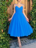 LTP1269,Princess Blue Pleated A-Line Tulle Prom Evening Dresses, Tea Length Homecoming Graduation HZ0307