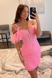 Spaghetti Straps Pink Lace Homecoming Dresses With Detachable Feather HZ0307