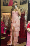 Straps Pink Appliques Tiered Ruffles Long Party HZ0307
