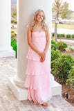 Strapless Pink Chiffon Pleated Tiered Maxi HZ0307