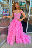 Off the Shoulder Light Blue Lace and Tulle Tiered Prom HZ0307