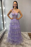 One Shoulder Lavender Sequin Tulle Ruffles Formal HZ0307