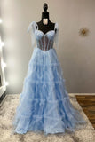Beaded Sheer Corset Light Blue Formal HZ0307