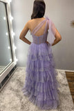 One Shoulder Lavender Sequin Tulle Ruffles Formal HZ0307
