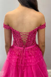 Off the Shoulder Fuchsia Appliques Tiered Ruffles HZ0307
