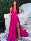 LTP1729, Sexy Hot Pink Long Prom Dresses, A-Line Evening Dresses, V-Neck Split Prom Formal HZ0307