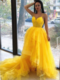 LTP1190,Unique Straps Yellow Ball Gown with Train,Hi-Lo Tulle Beaded Prom Evening HZ0307