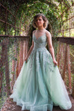 Straps Sage Green Appliques Tulle Long Formal HZ0307
