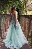 Straps Sage Green Appliques Tulle Long Formal HZ0307