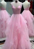 LTP1040,Pink spaghetti straps tulle long prom dress evening formal HZ0307