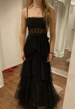 LTP1647,Spaghetti Strap Mesh Corset Gown Long Prom Dress Black Evening HZ0307