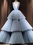 Elegant V-Neck Baby Blue Tulle Ball Gown Long Prom HZ0307