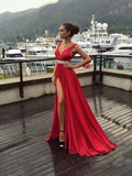 LTP0938,Charming Red V Neck High Slit Prom Dress,Sexy Beaded Waist Evening HZ0307