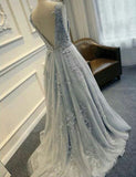 LTP1098,Grey lace v-back tulle prom dresses,long evening dress formal HZ0307