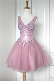 LTP1768,Pink Tulle Mini Homecoming Dress, Applique Ruched Applique Cocktail HZ0307