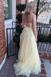 Straps Yellow Lace Appliques A-line Long Formal HZ0307