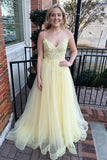 Straps Yellow Lace Appliques A-line Long Formal HZ0307
