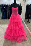 Hot Pink Corset Sweetheart Tiered Ruffles Long Prom HZ0307