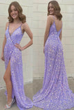 LTP1651,Sparkle Lilac Sequin Long Prom Dresses With Slit,V-Neck Evening Formal HZ0307