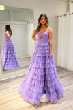 Straps Light Purple Tulle Ruffle A-line Long Prom HZ0307