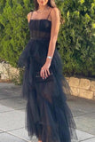 LTP1647,Spaghetti Strap Mesh Corset Gown Long Prom Dress Black Evening HZ0307