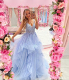 LTP1053,Blue tulle lace long prom dress A line formal HZ0307