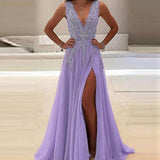 Luxury Purple Beaded V-Neck Long Prom HZ0307