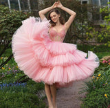 LTP1193,Pink Sweetheart Short Prom Dress Ball Gowns Straps Beaded Crystal Tiered Knee Length Brithday Party HZ0307